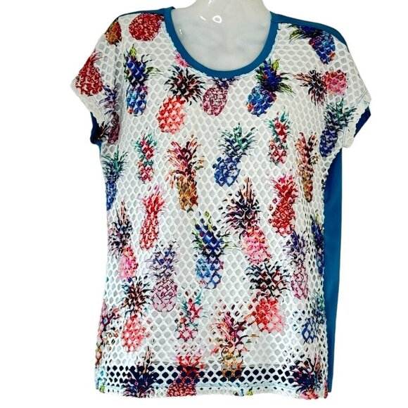 Aris A. Mesh Top Pineapple Mirage Print Scoop Neck Cap Sleeve White Teal  Small - Picture 1 of 6